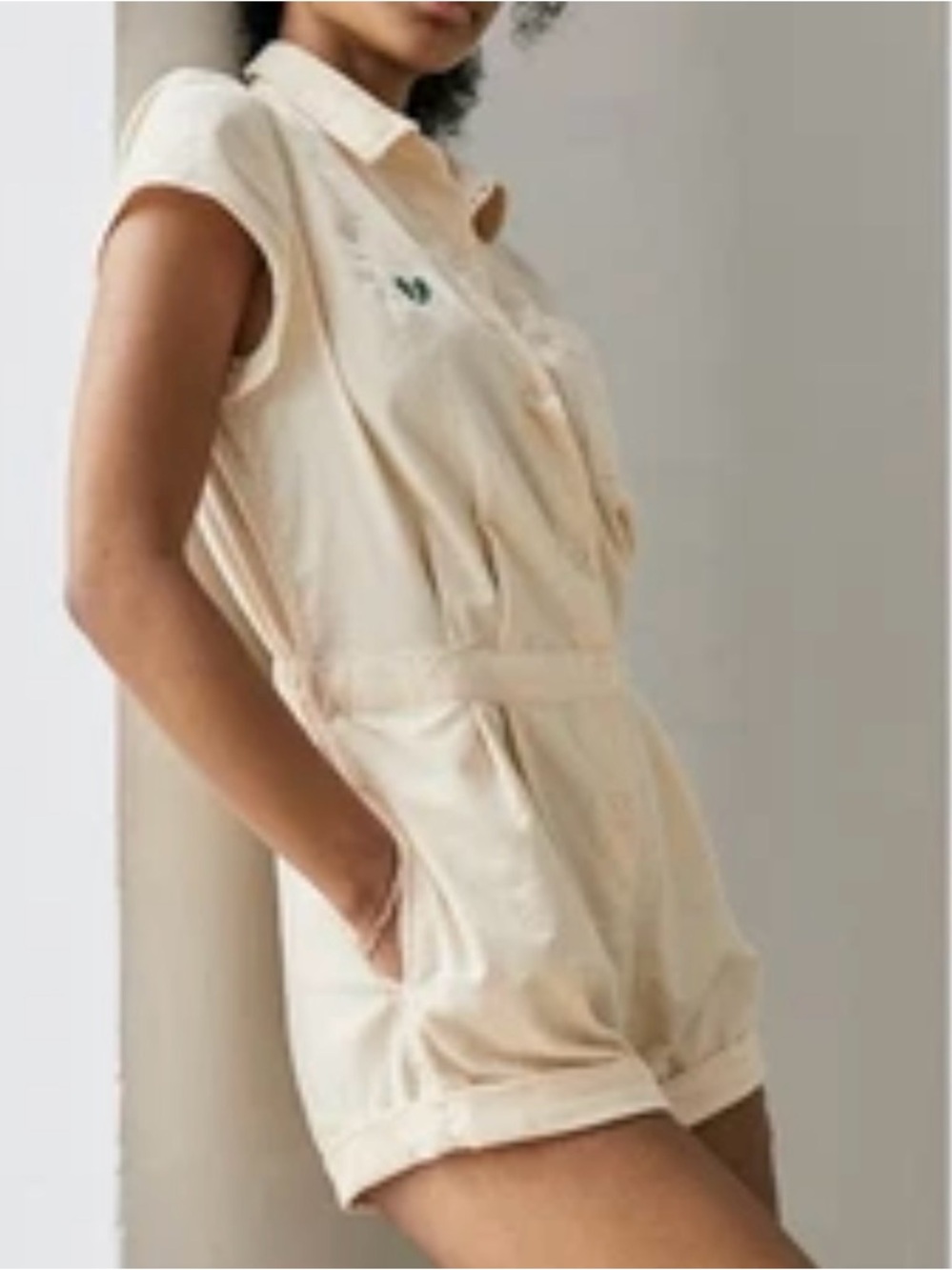 Urban Outfitters Quinn Knockout Corduroy Romper Cream Button-Up Short-Sleeve Top